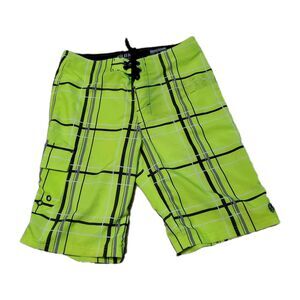 Buckle BKE Sport Men's Size 30 Board Shorts Slim Fit Neon Yellow Plaid